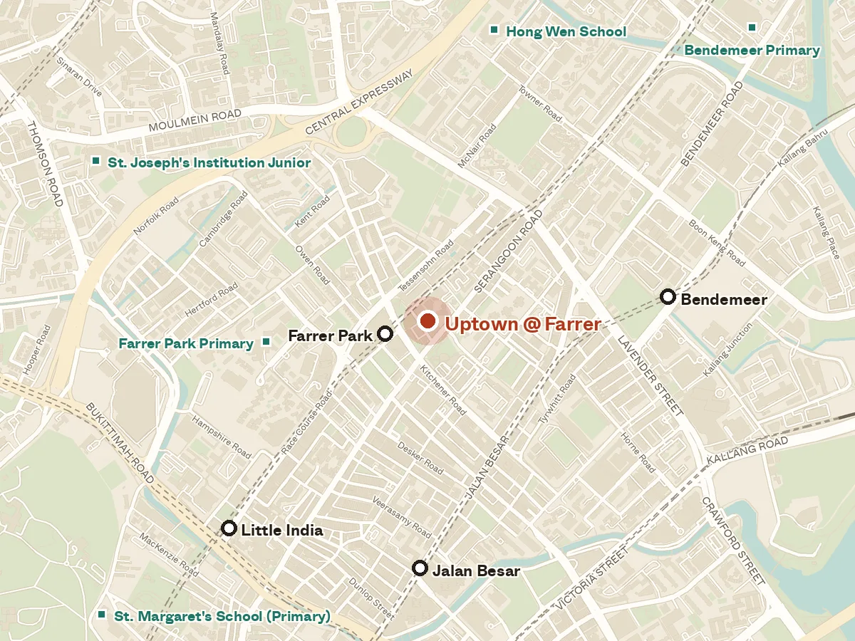 Map of the area around Uptown @ Farrer, with nearby MRT stations and primary schools