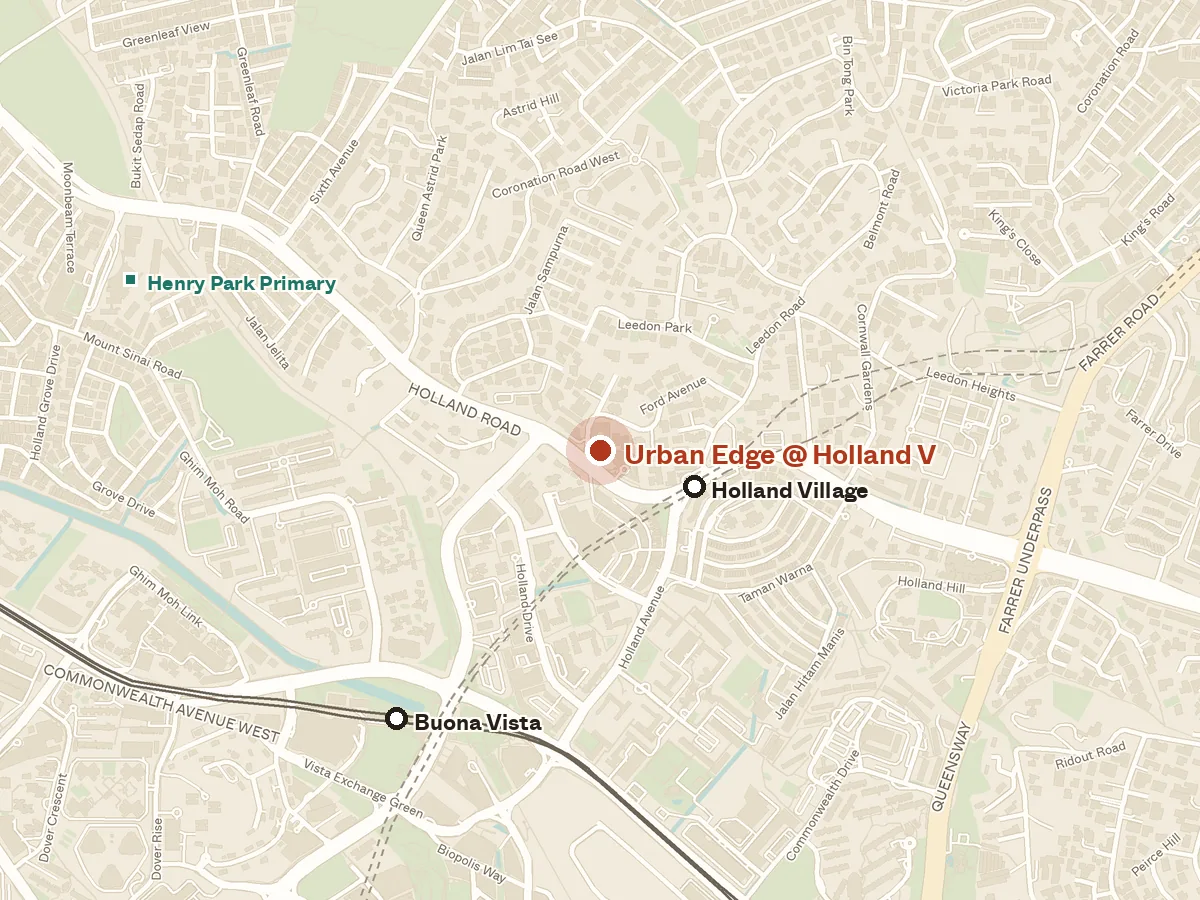Map of the area around Urban Edge @ Holland V, with nearby MRT stations and primary schools