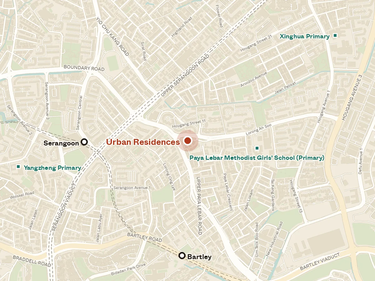 Map of the area around Urban Residences, with nearby MRT stations and primary schools