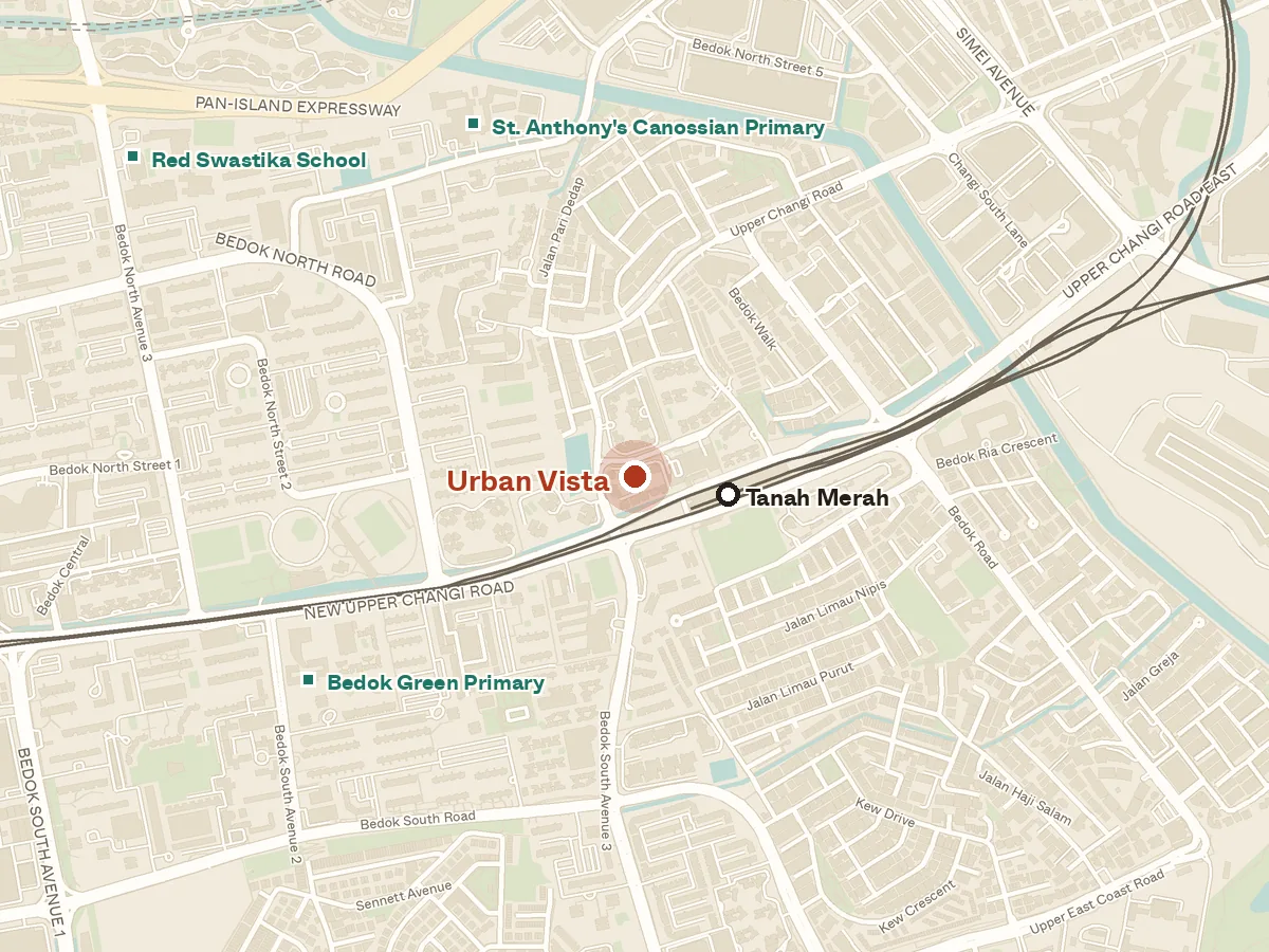 Map of the area around Urban Vista, with nearby MRT stations and primary schools