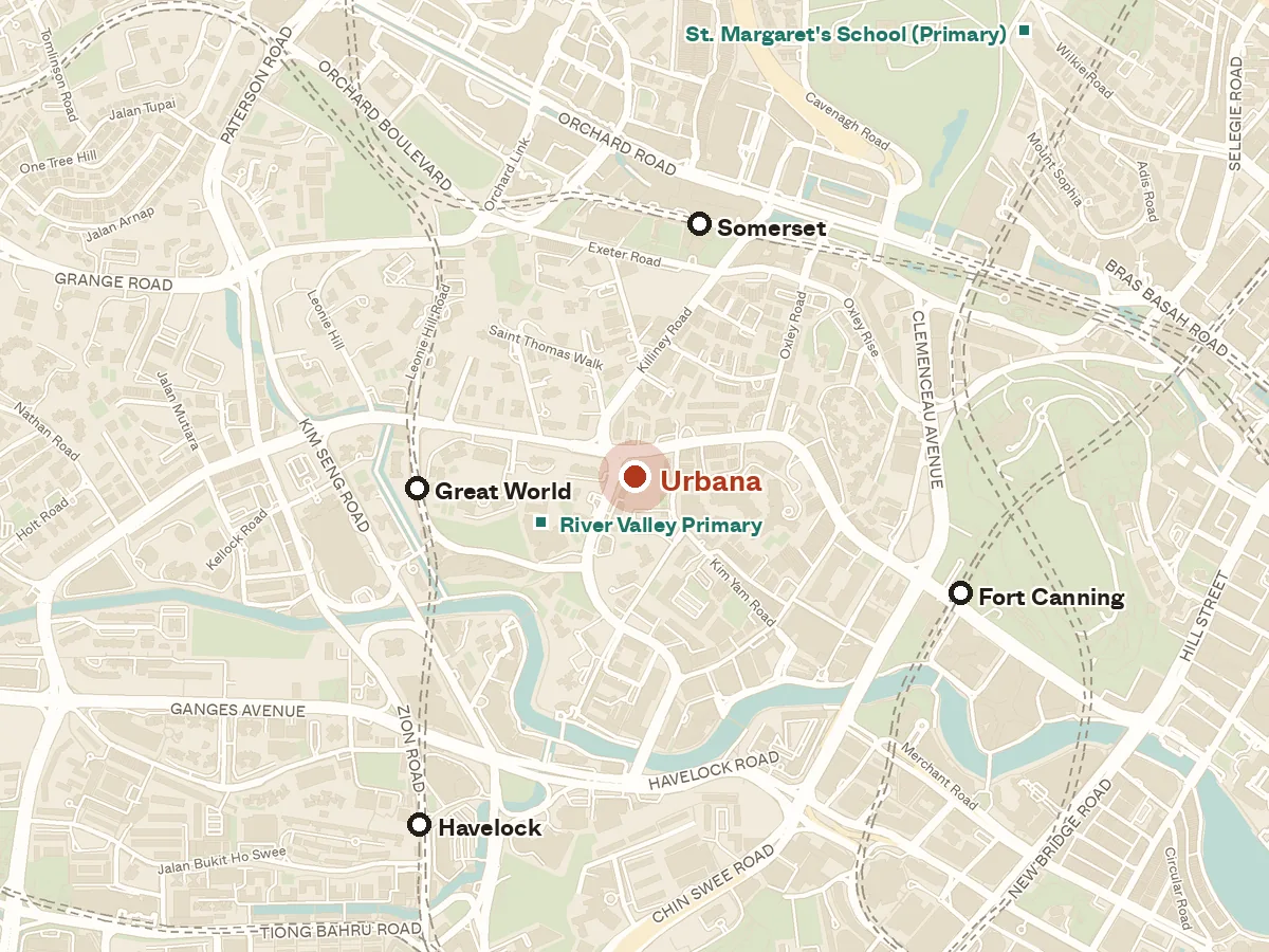 Map of the area around Urbana, with nearby MRT stations and primary schools