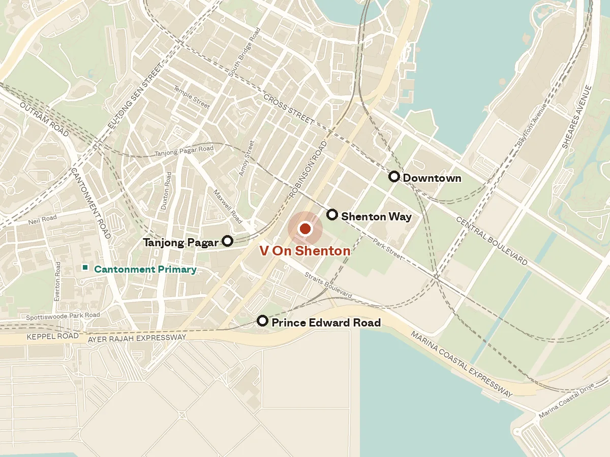 Map of the area around V On Shenton, with nearby MRT stations and primary schools