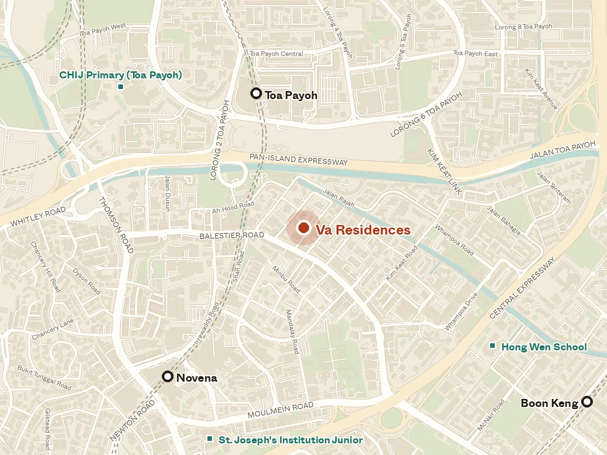 Map of the area around Va Residences, with nearby MRT stations and primary schools