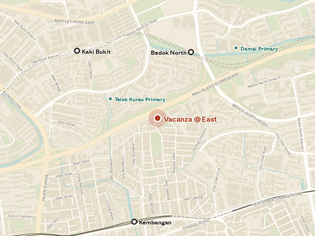 Map of the area around Vacanza @ East, with nearby MRT stations and primary schools