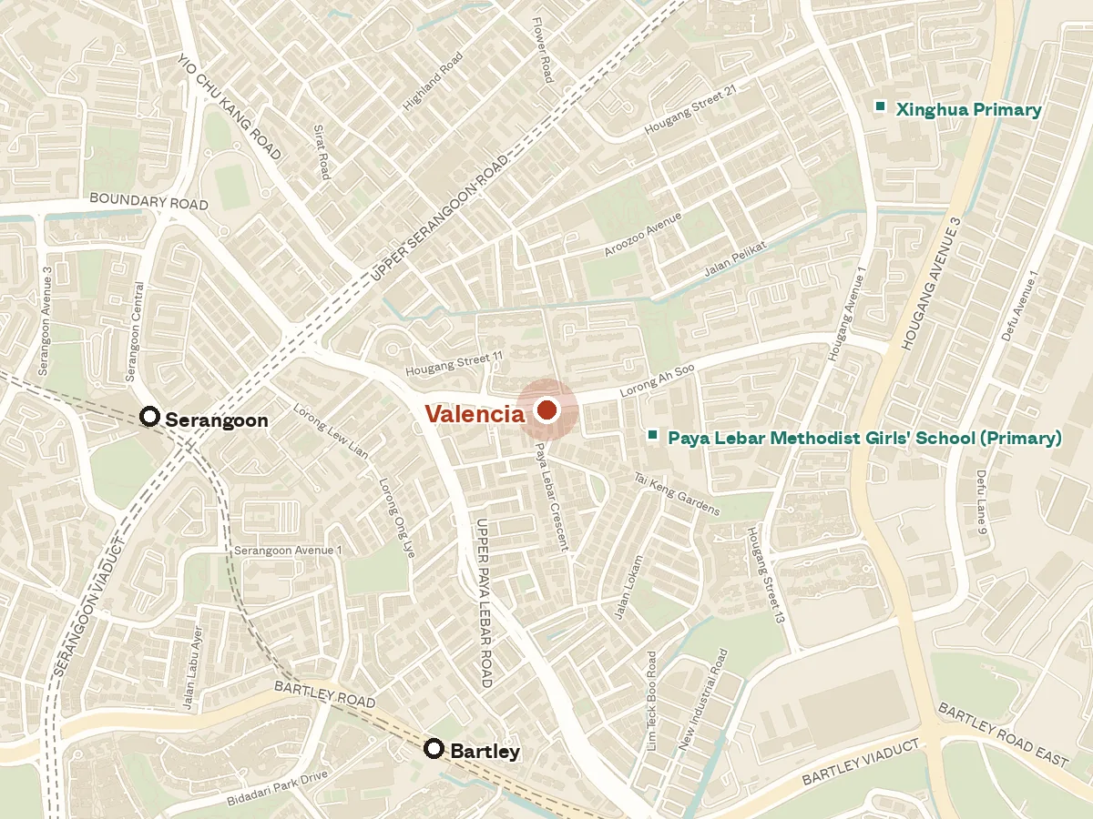 Map of the area around Valencia, with nearby MRT stations and primary schools