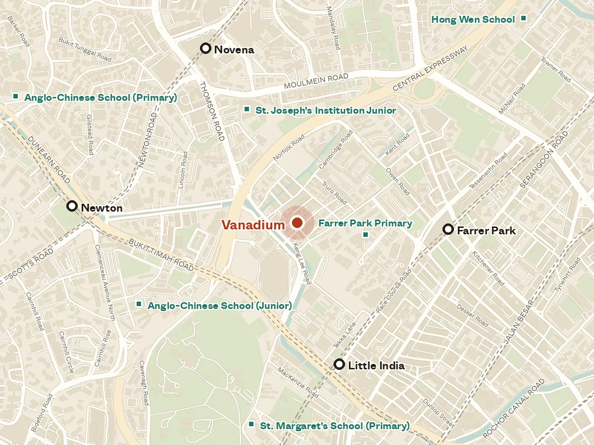 Map of the area around Vanadium, with nearby MRT stations and primary schools