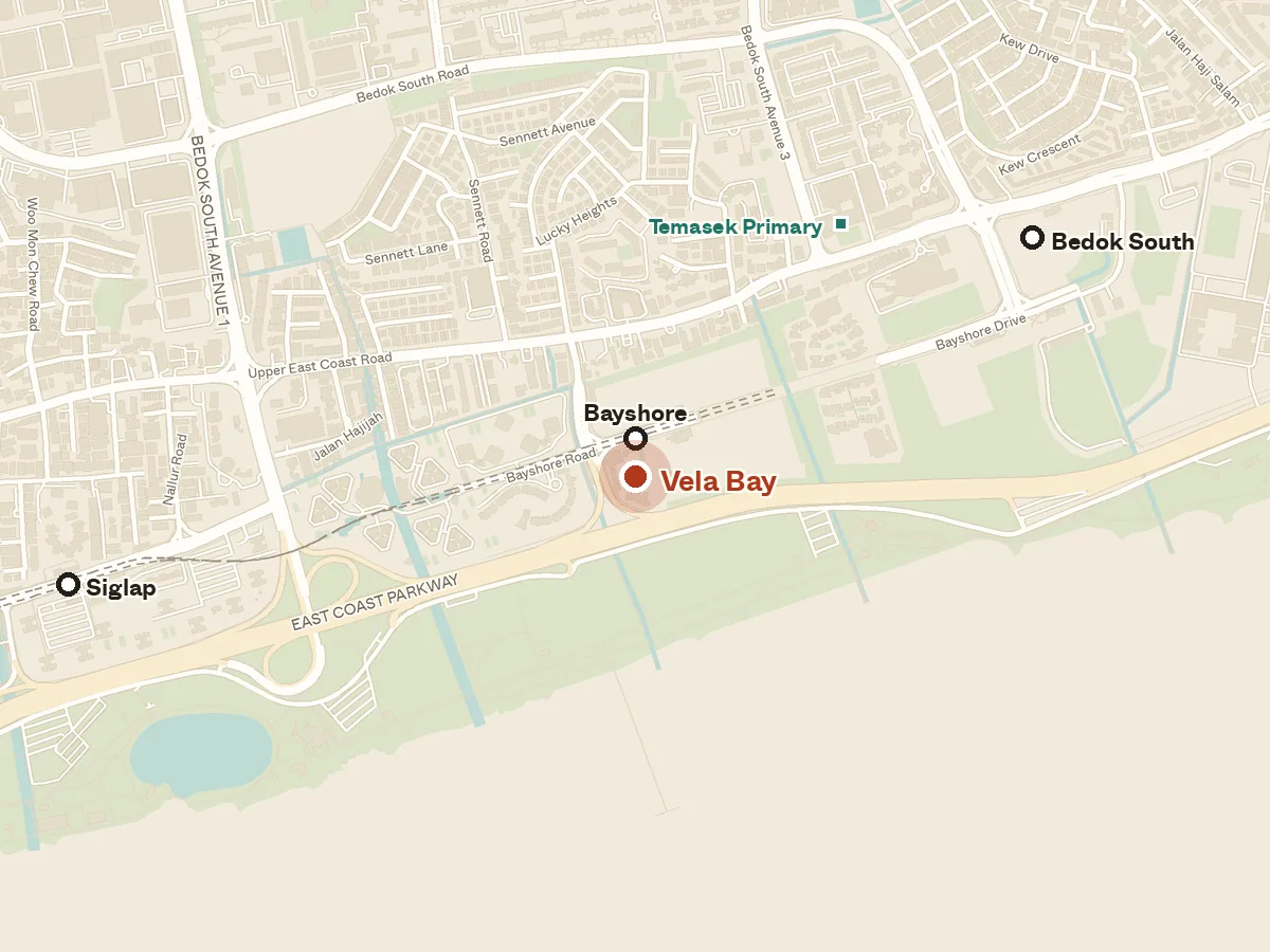 Map of the area around Vela Bay, with nearby MRT stations and primary schools