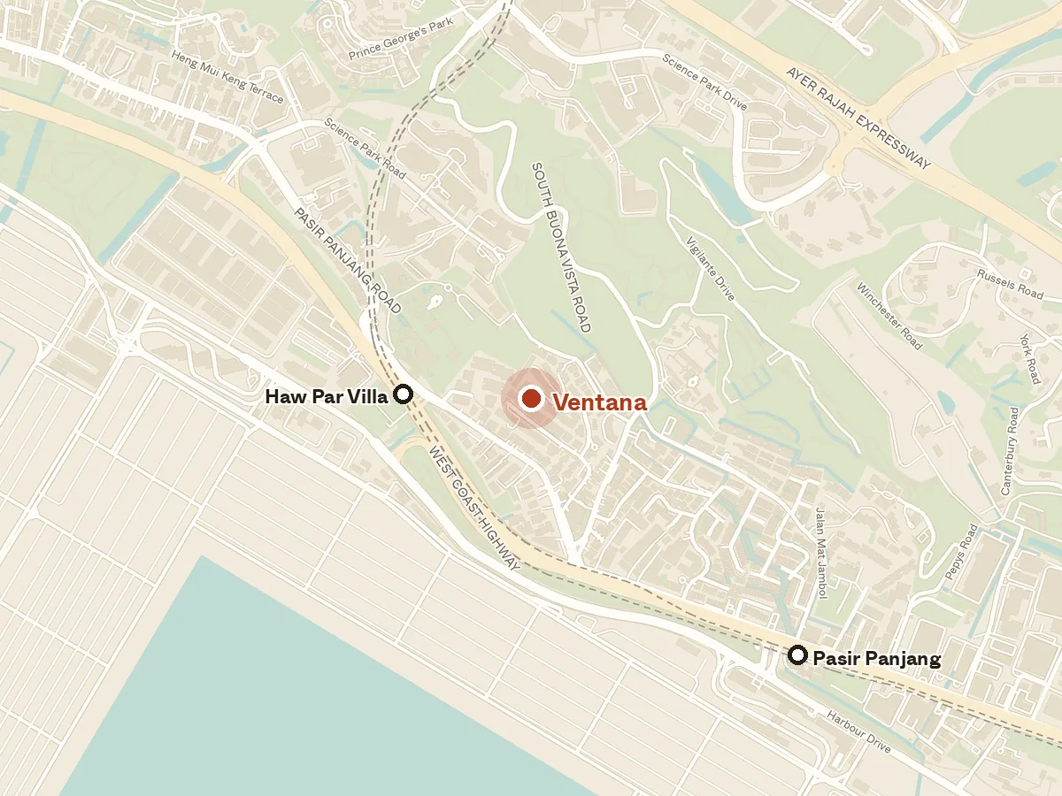 Map of the area around Ventana, with nearby MRT stations and primary schools