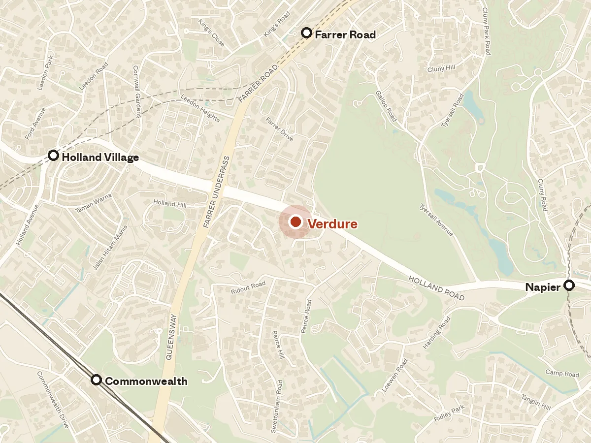 Map of the area around Verdure, with nearby MRT stations and primary schools