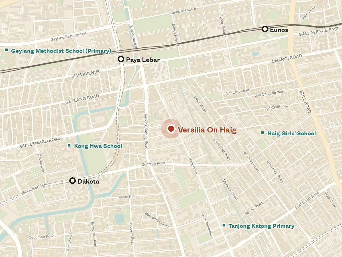 Map of the area around Versilia On Haig, with nearby MRT stations and primary schools