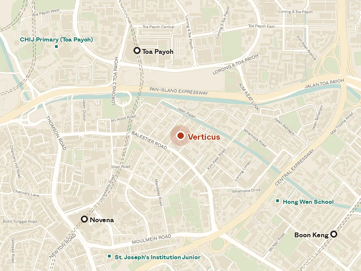 Map of the area around Verticus, with nearby MRT stations and primary schools