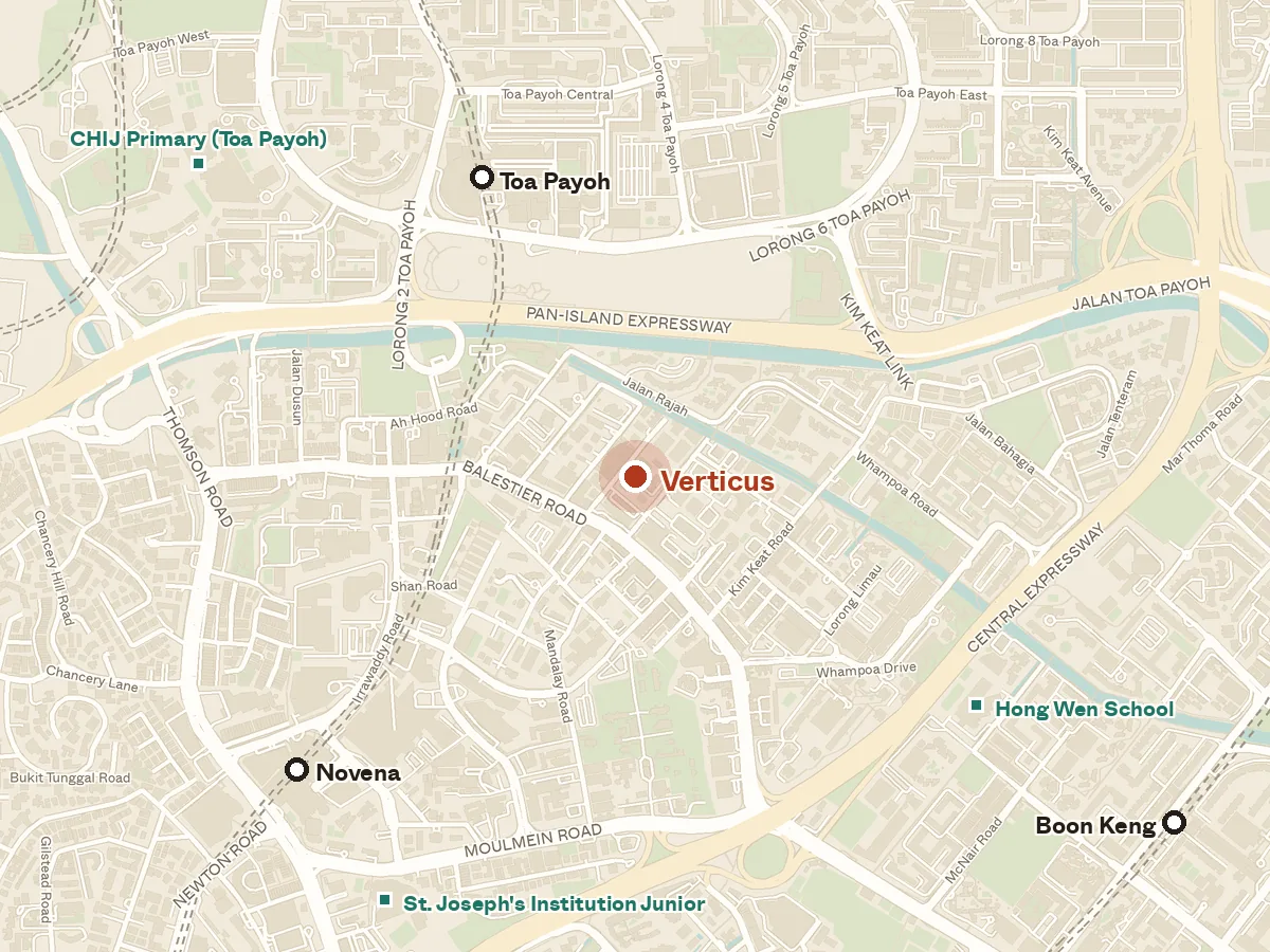 Map of the area around Verticus, with nearby MRT stations and primary schools