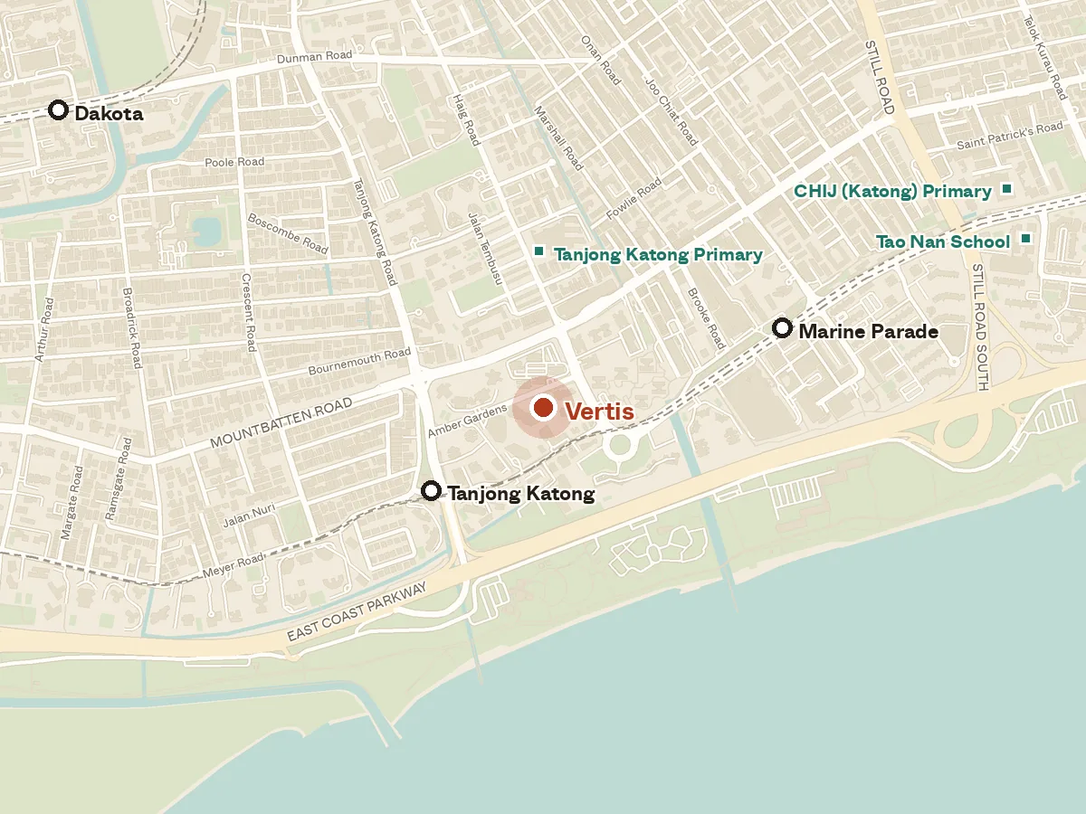 Map of the area around Vertis, with nearby MRT stations and primary schools
