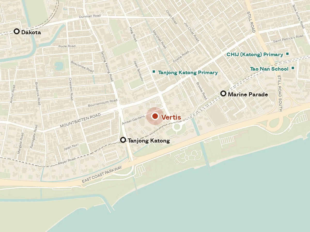 Map of the area around Vertis, with nearby MRT stations and primary schools