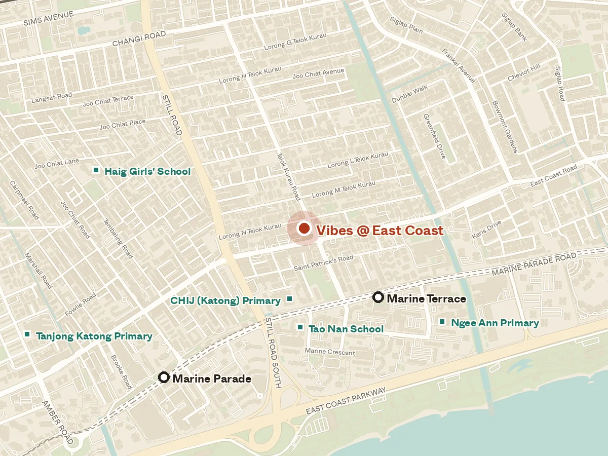 Map of the area around Vibes @ East Coast, with nearby MRT stations and primary schools