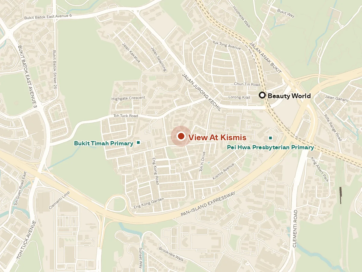 Map of the area around View at Kismis, with nearby MRT stations and primary schools