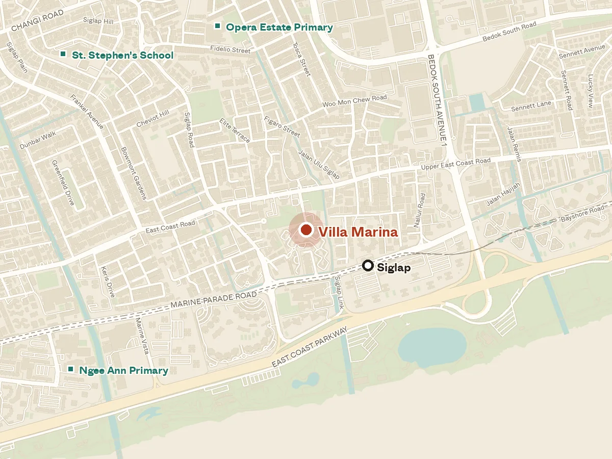 Map of the area around Villa Marina, with nearby MRT stations and primary schools