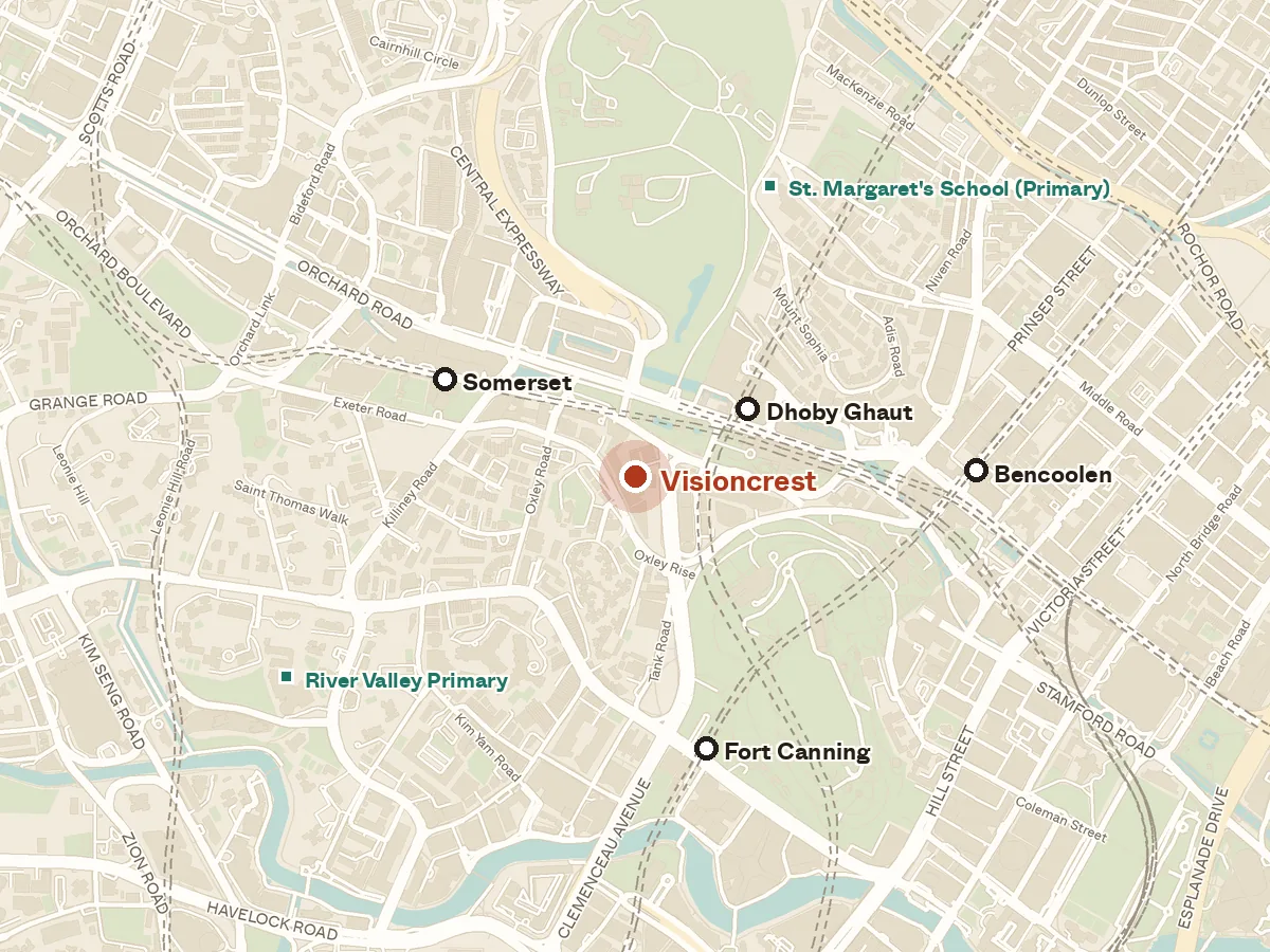 Map of the area around Visioncrest, with nearby MRT stations and primary schools
