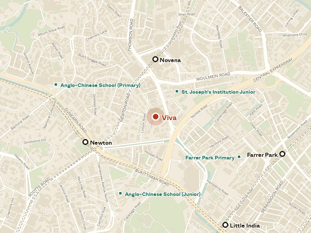 Map of the area around Viva, with nearby MRT stations and primary schools