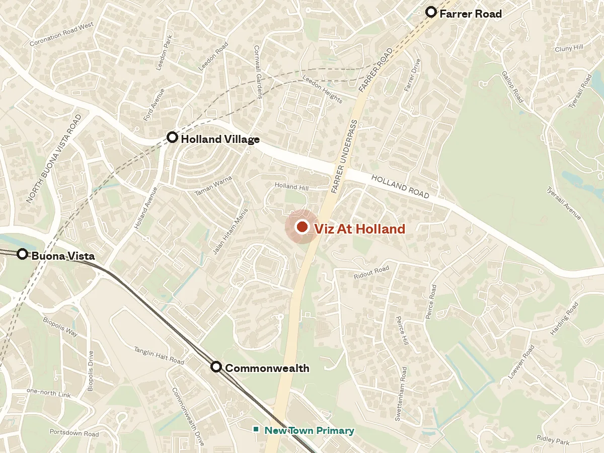 Map of the area around Viz At Holland, with nearby MRT stations and primary schools