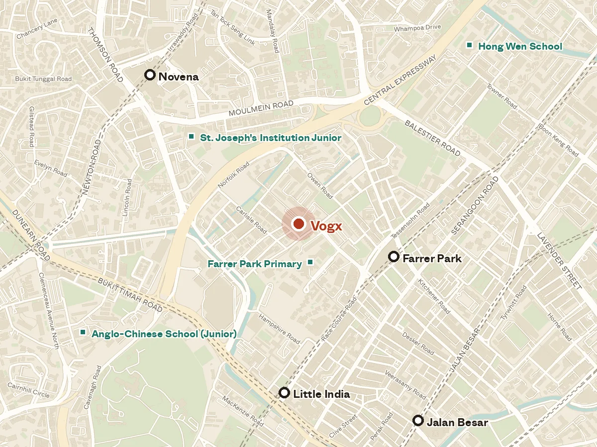 Map of the area around Vogx, with nearby MRT stations and primary schools