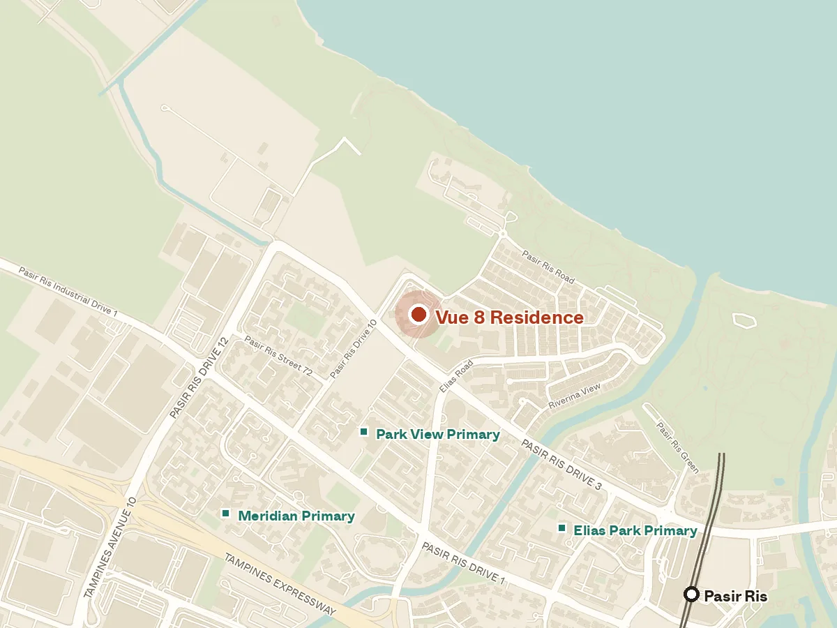 Map of the area around Vue 8 Residence, with nearby MRT stations and primary schools