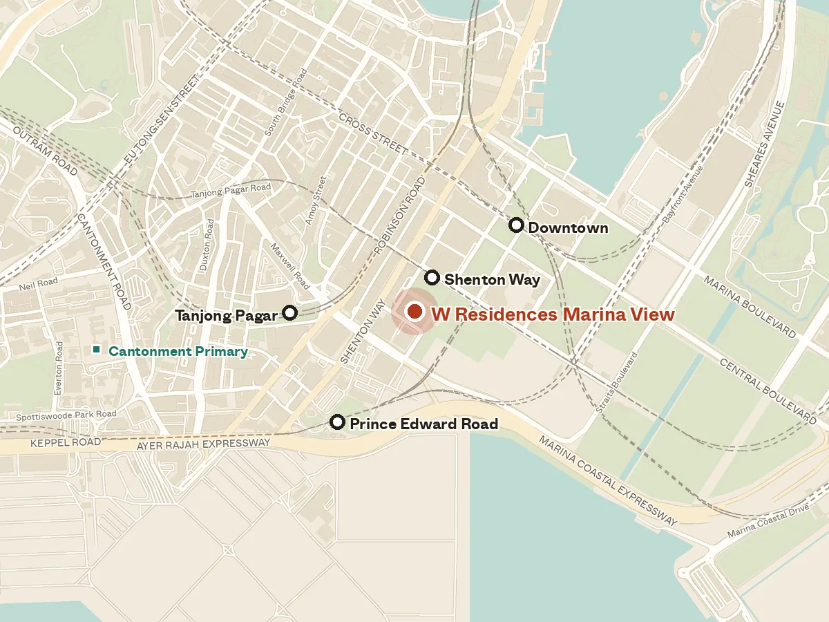 Map of the area around W Residences Marina View, with nearby MRT stations and primary schools