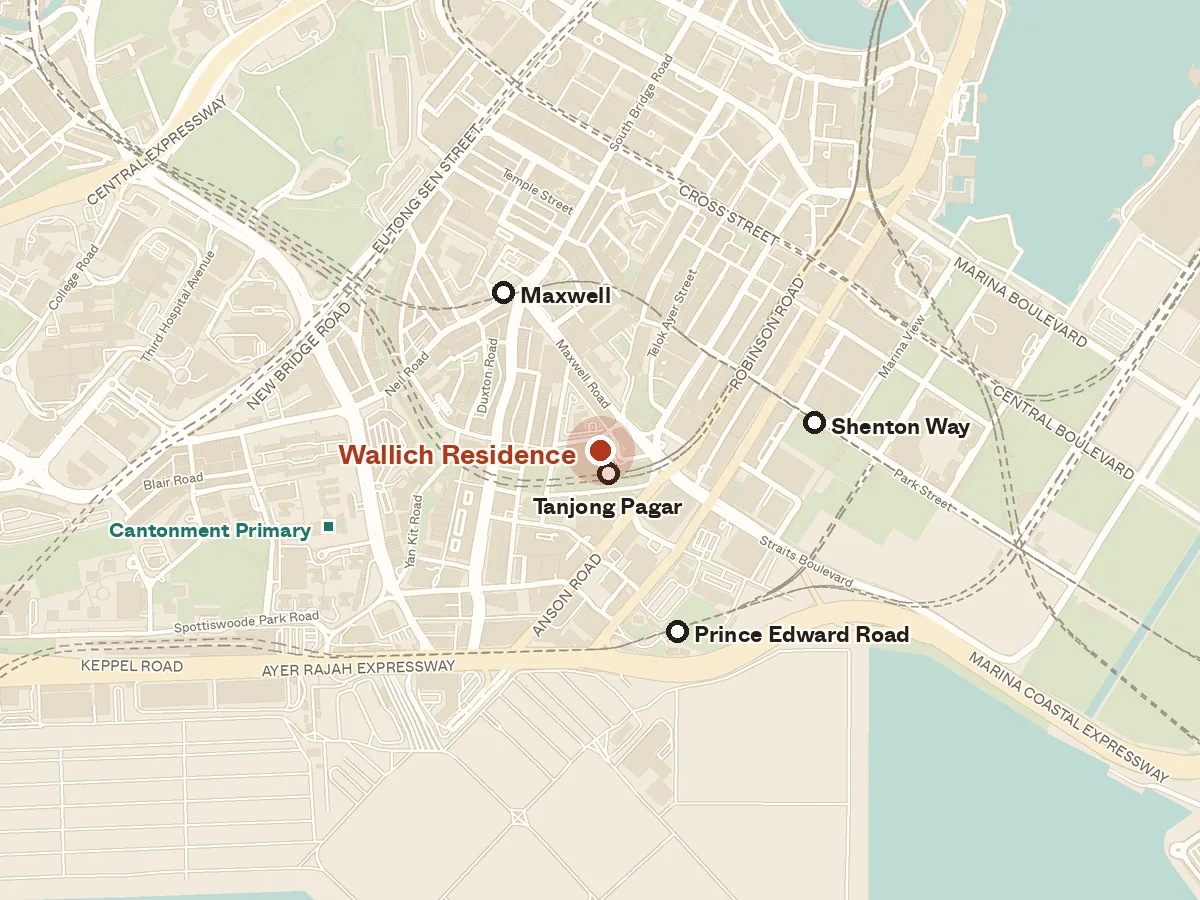 Map of the area around Wallich Residence, with nearby MRT stations and primary schools