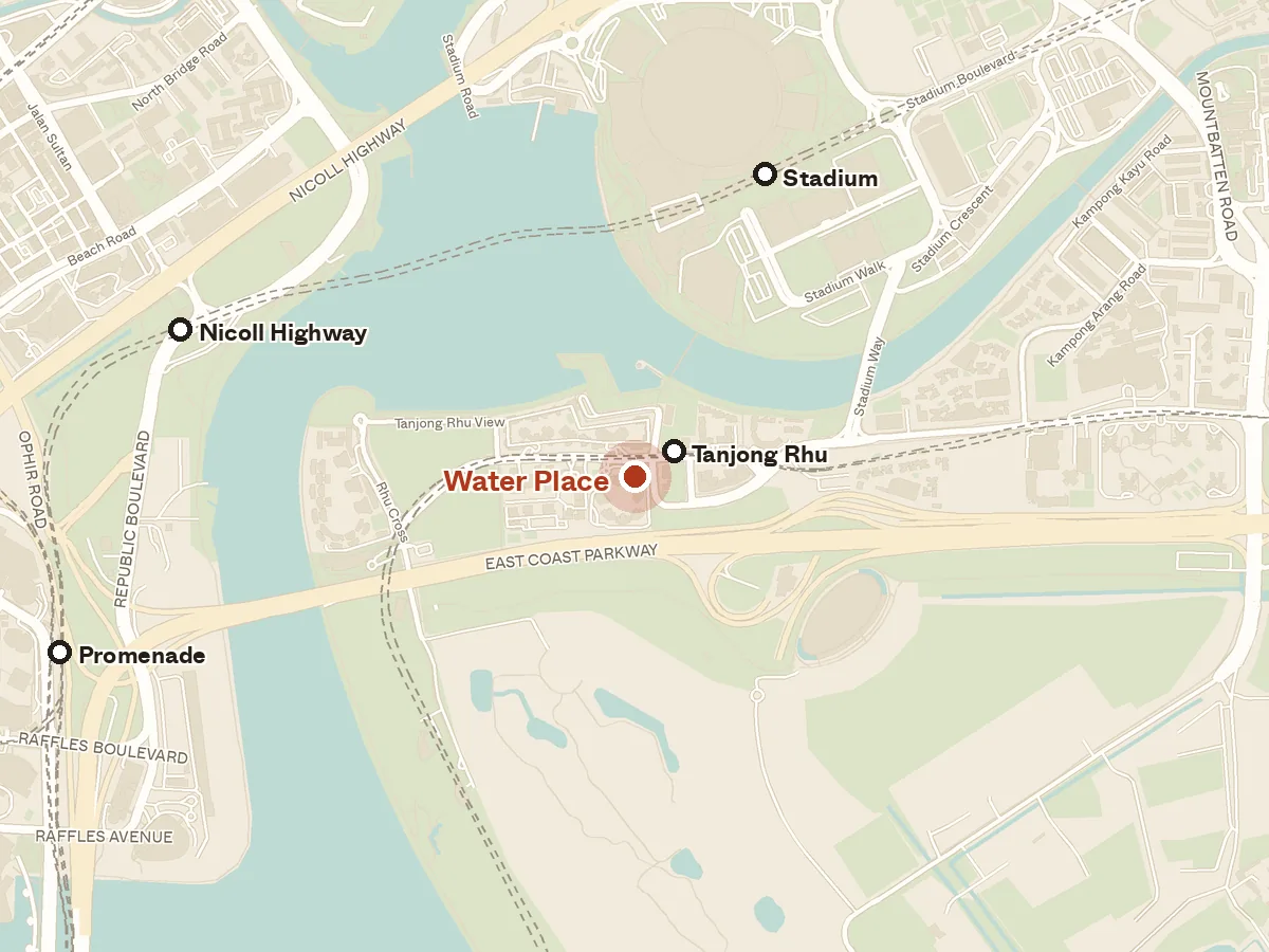 Map of the area around Water Place, with nearby MRT stations and primary schools