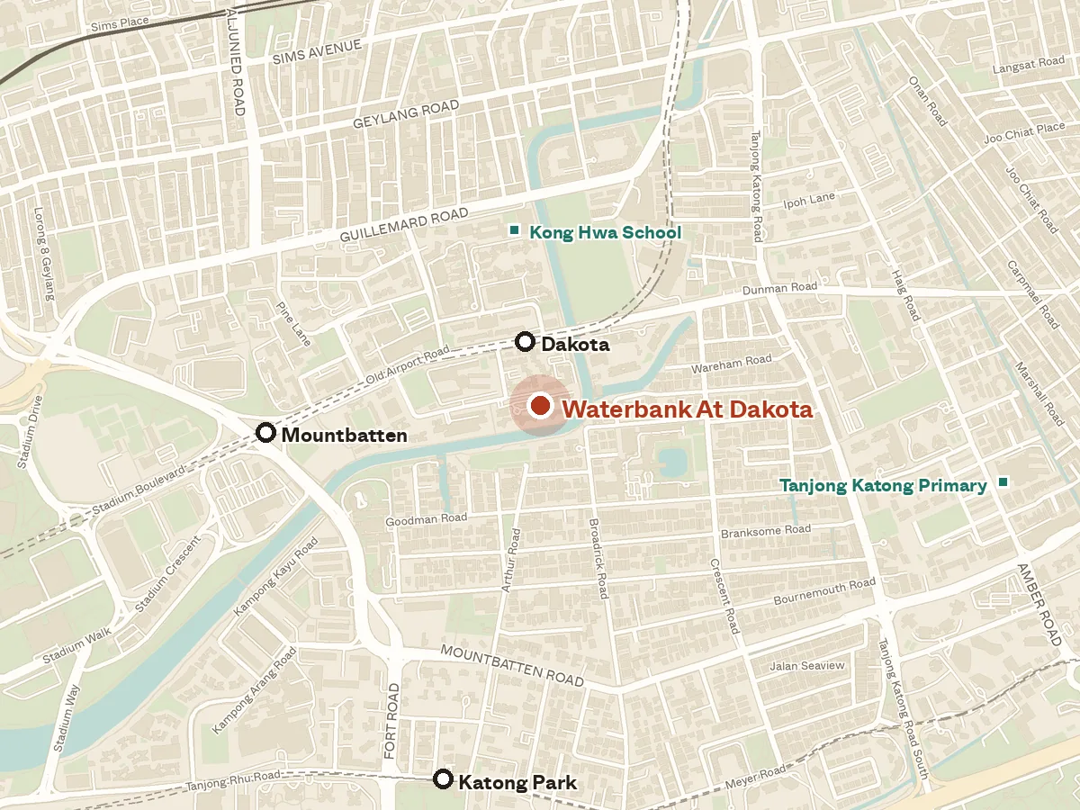 Map of the area around Waterbank At Dakota, with nearby MRT stations and primary schools