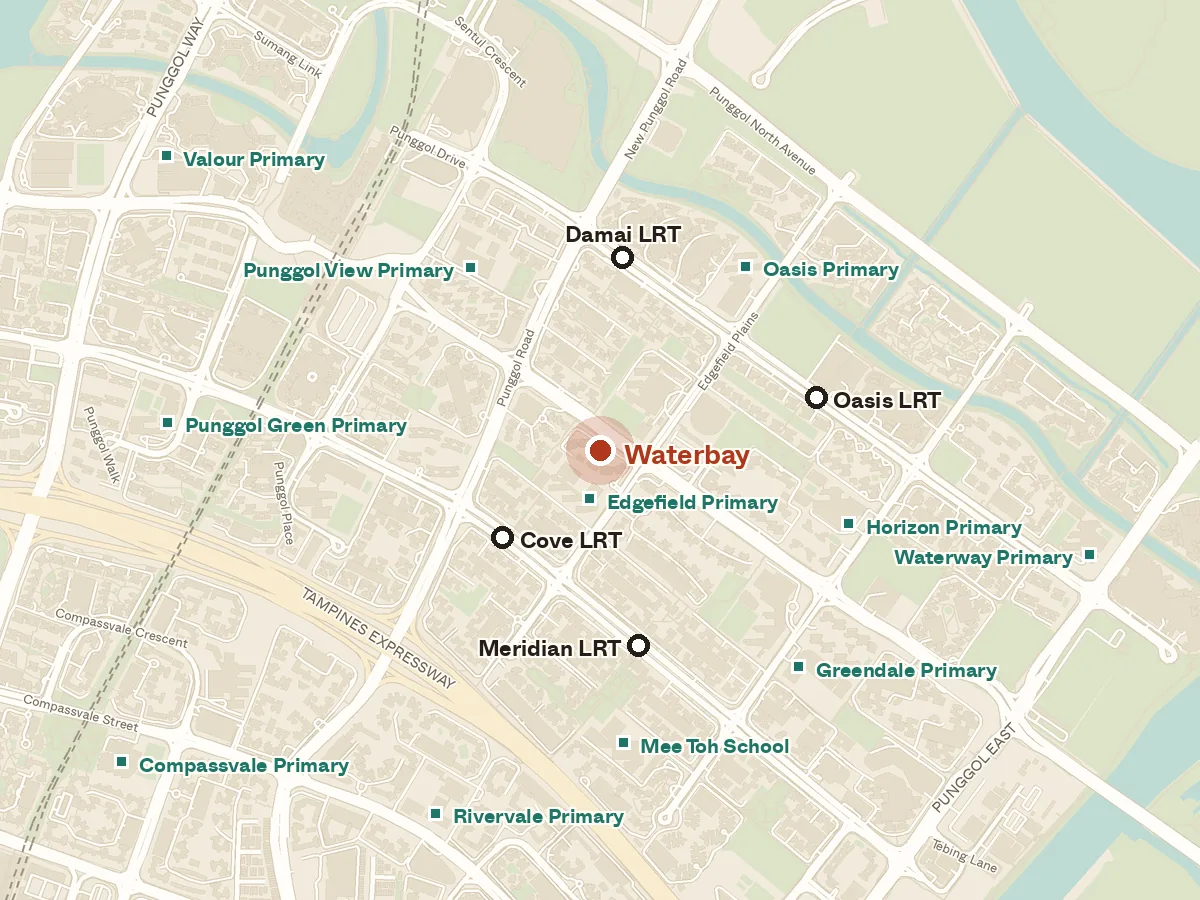 Map of the area around Waterbay, with nearby MRT stations and primary schools