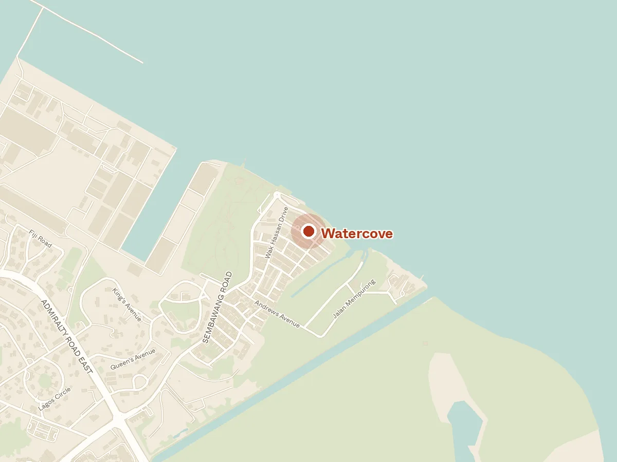 Map of the area around Watercove, with nearby MRT stations and primary schools