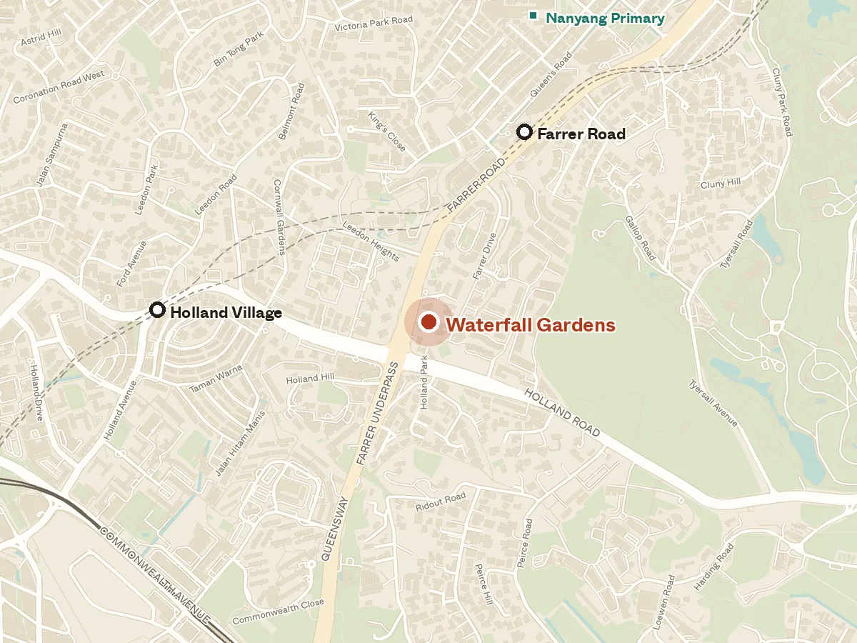 Map of the area around Waterfall Gardens, with nearby MRT stations and primary schools
