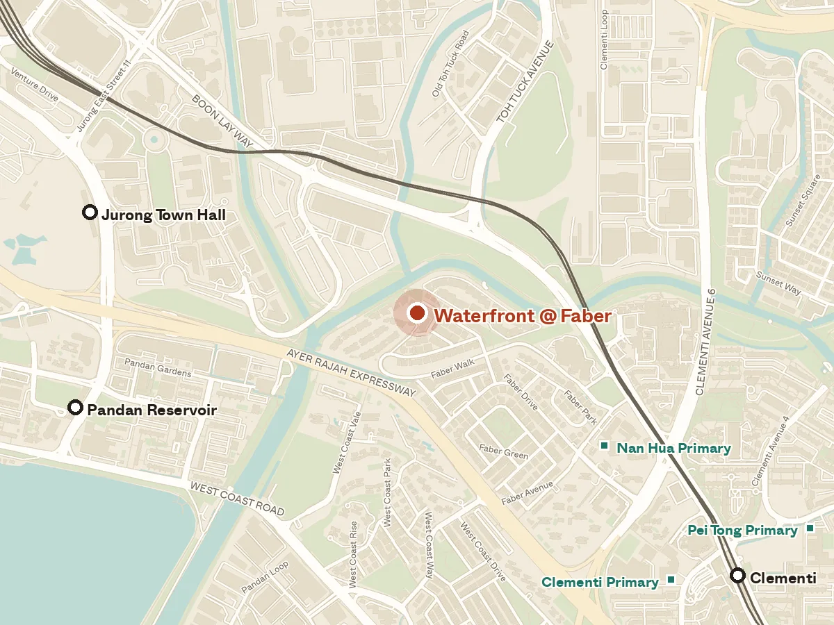 Map of the area around Waterfront @ Faber, with nearby MRT stations and primary schools