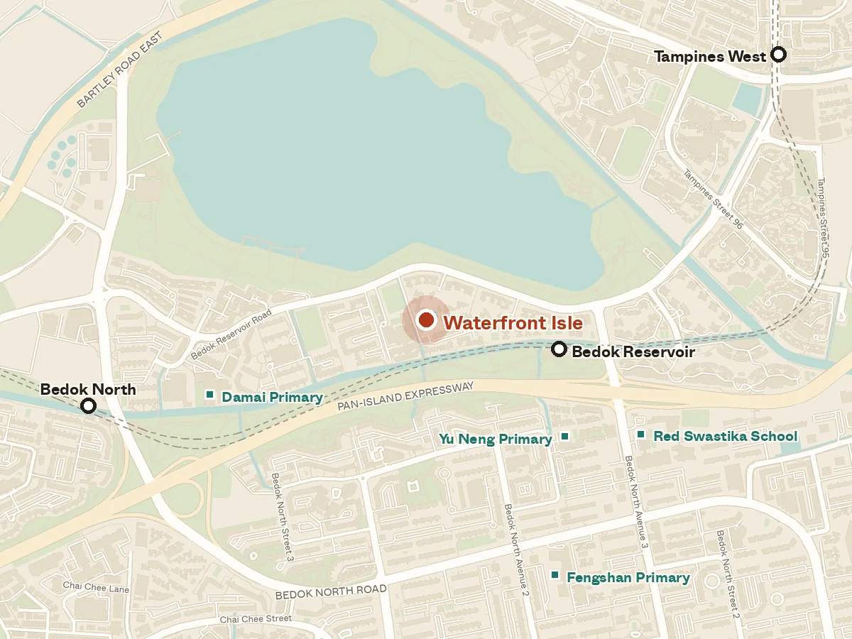 Map of the area around Waterfront Isle, with nearby MRT stations and primary schools