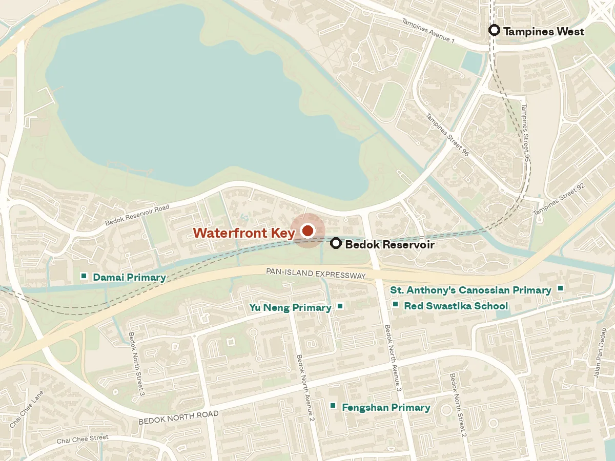 Map of the area around Waterfront Key, with nearby MRT stations and primary schools