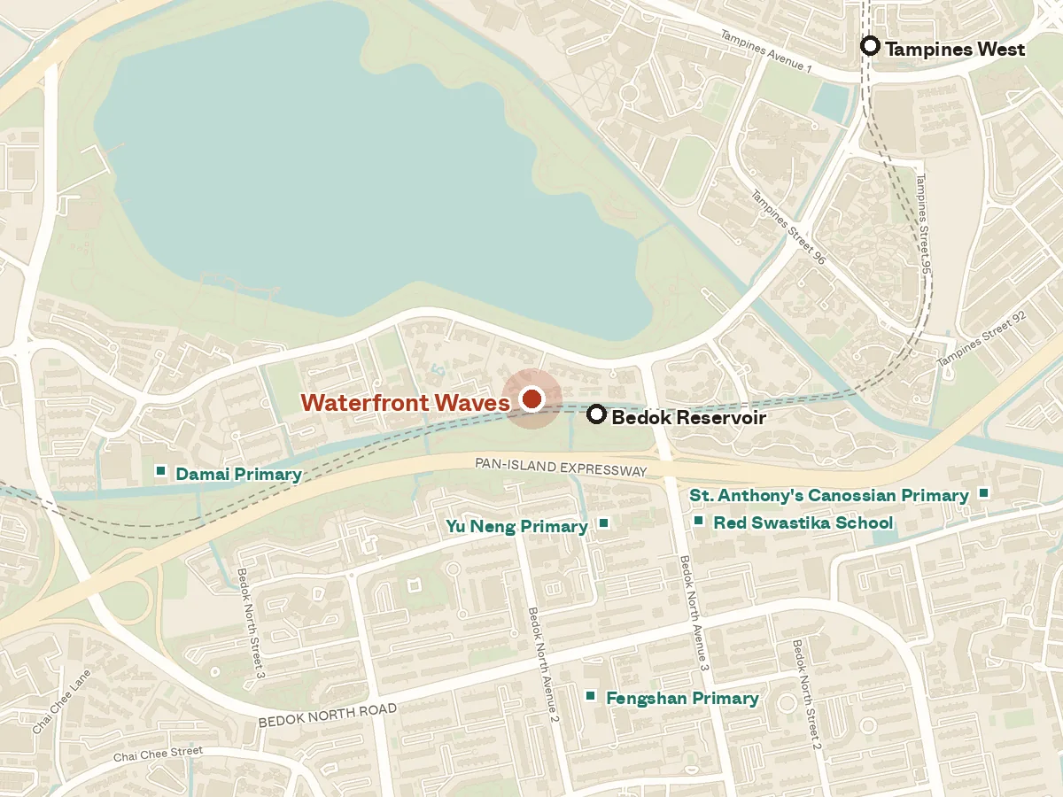 Map of the area around Waterfront Waves, with nearby MRT stations and primary schools