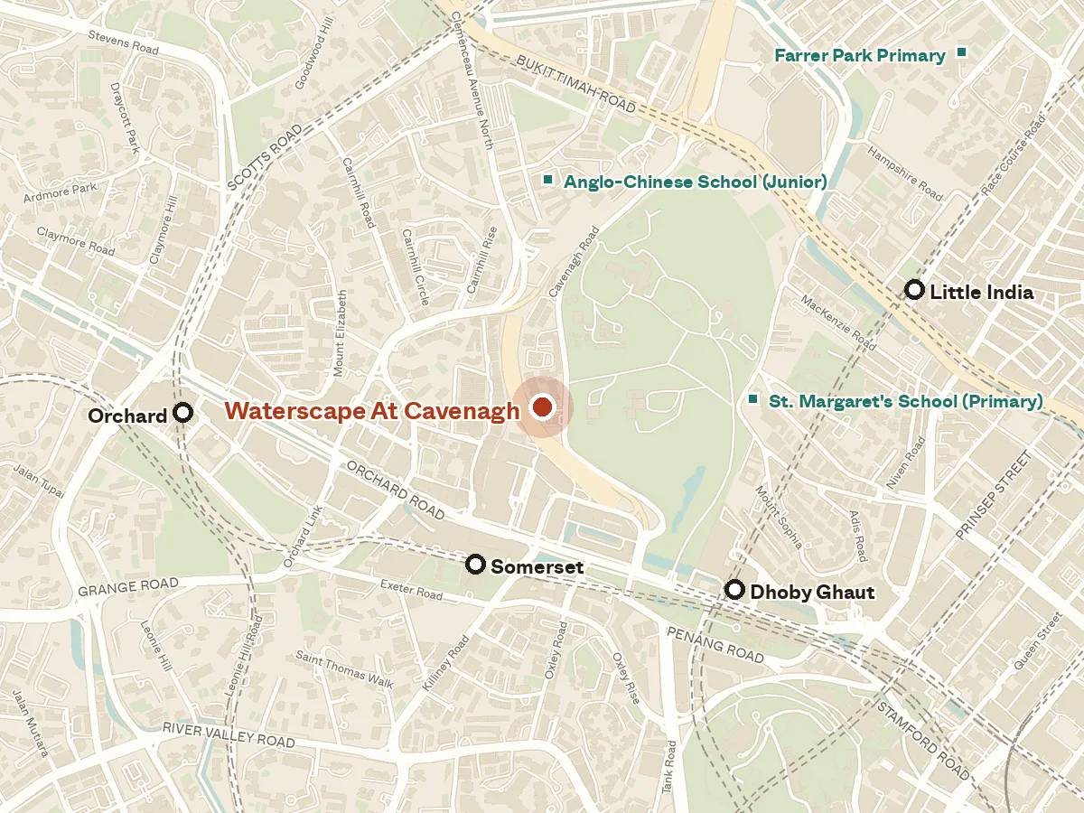 Map of the area around Waterscape at Cavenagh, with nearby MRT stations and primary schools