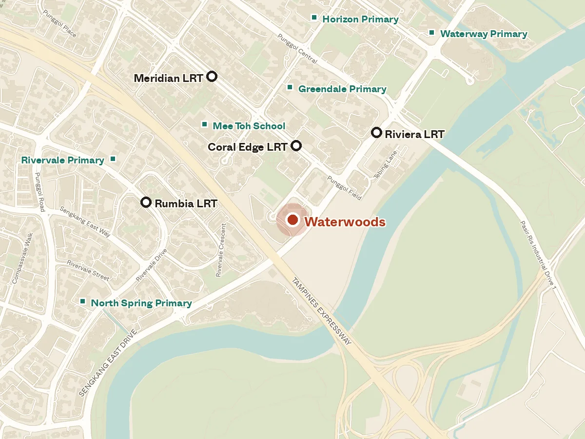 Map of the area around Waterwoods, with nearby MRT stations and primary schools