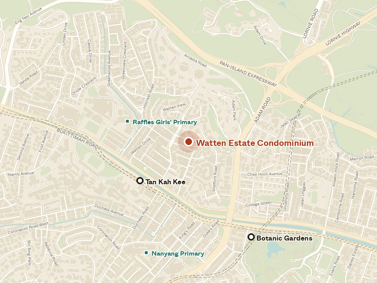Map of the area around Watten Estate Condominium, with nearby MRT stations and primary schools