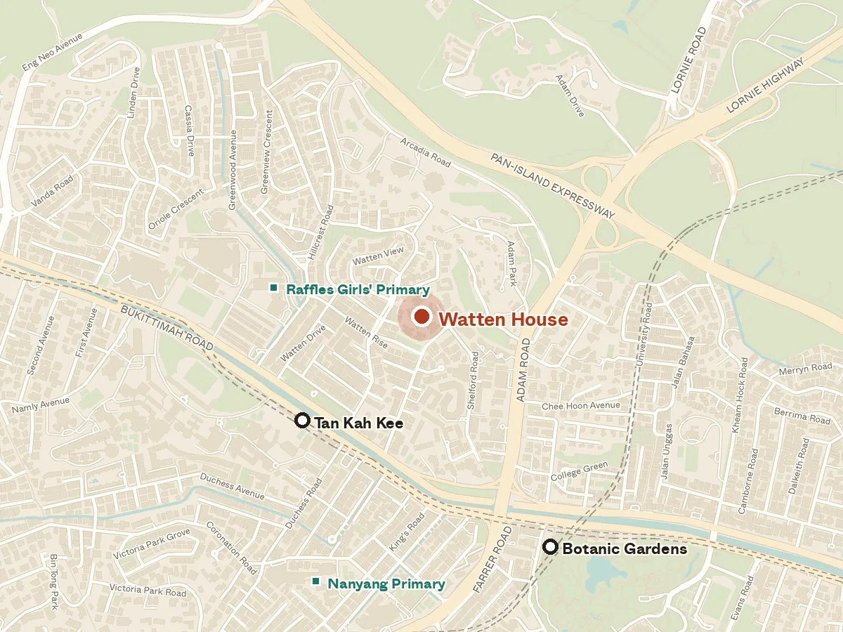 Map of the area around Watten House, with nearby MRT stations and primary schools