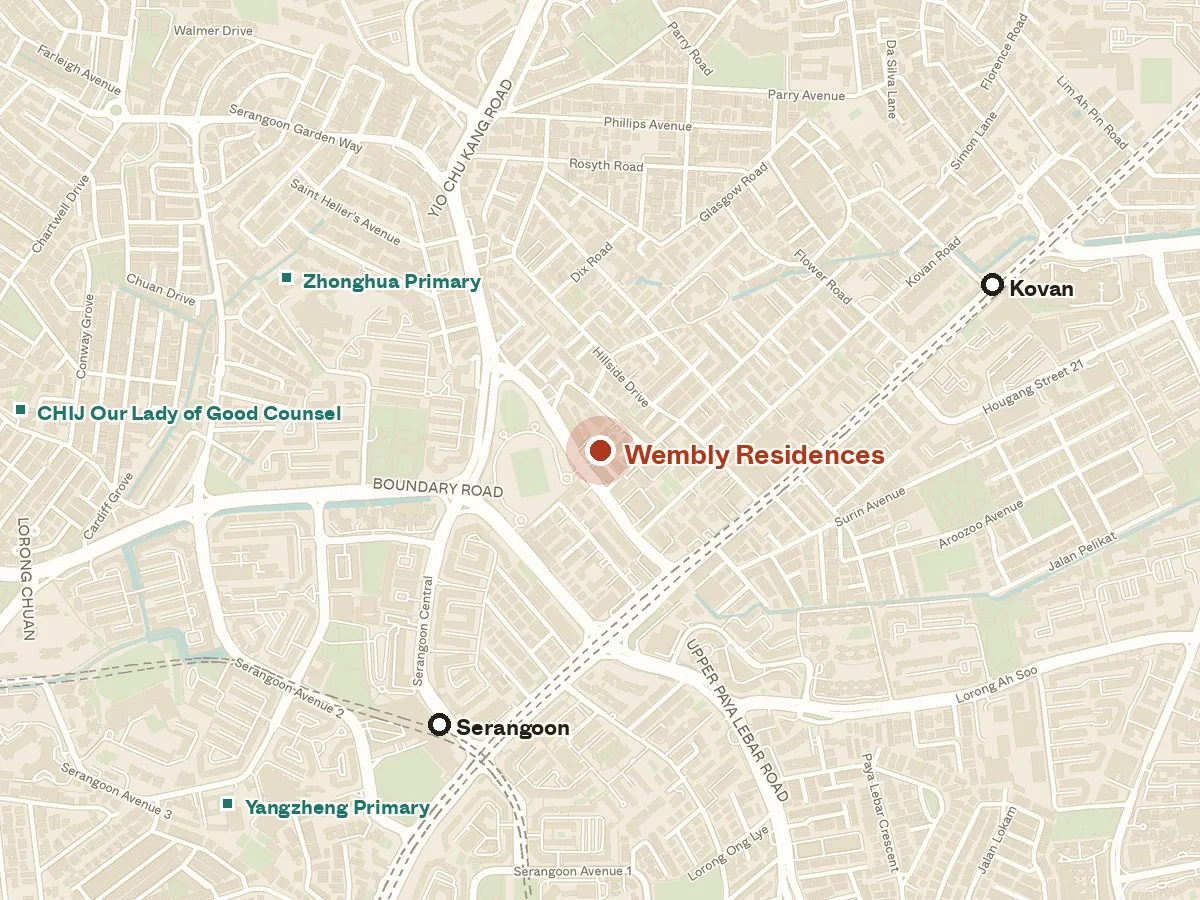 Map of the area around Wembly Residences, with nearby MRT stations and primary schools