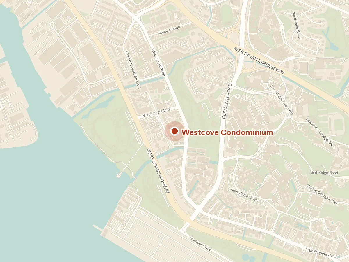 Map of the area around Westcove Condominium, with nearby MRT stations and primary schools