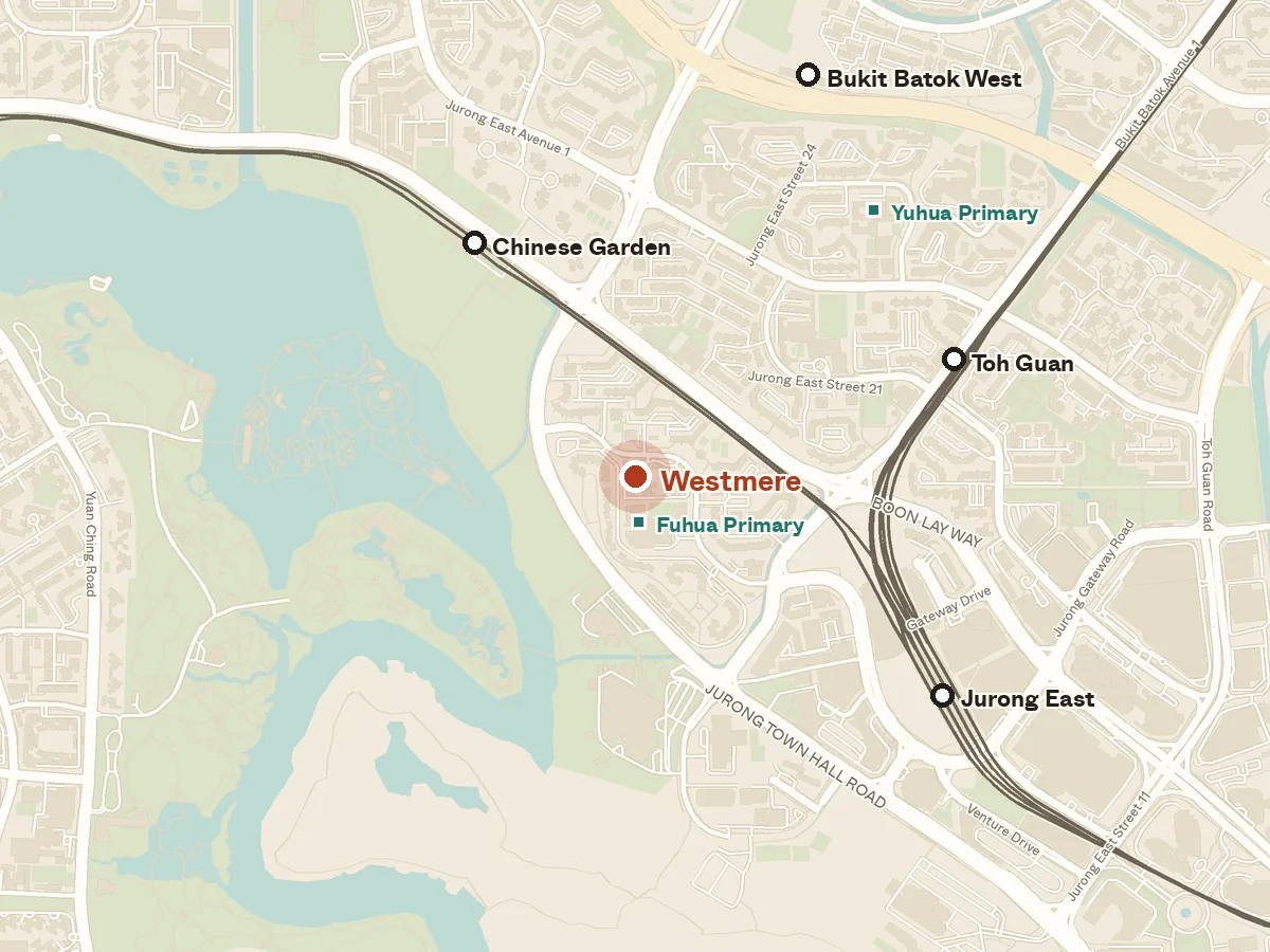 Map of the area around Westmere, with nearby MRT stations and primary schools
