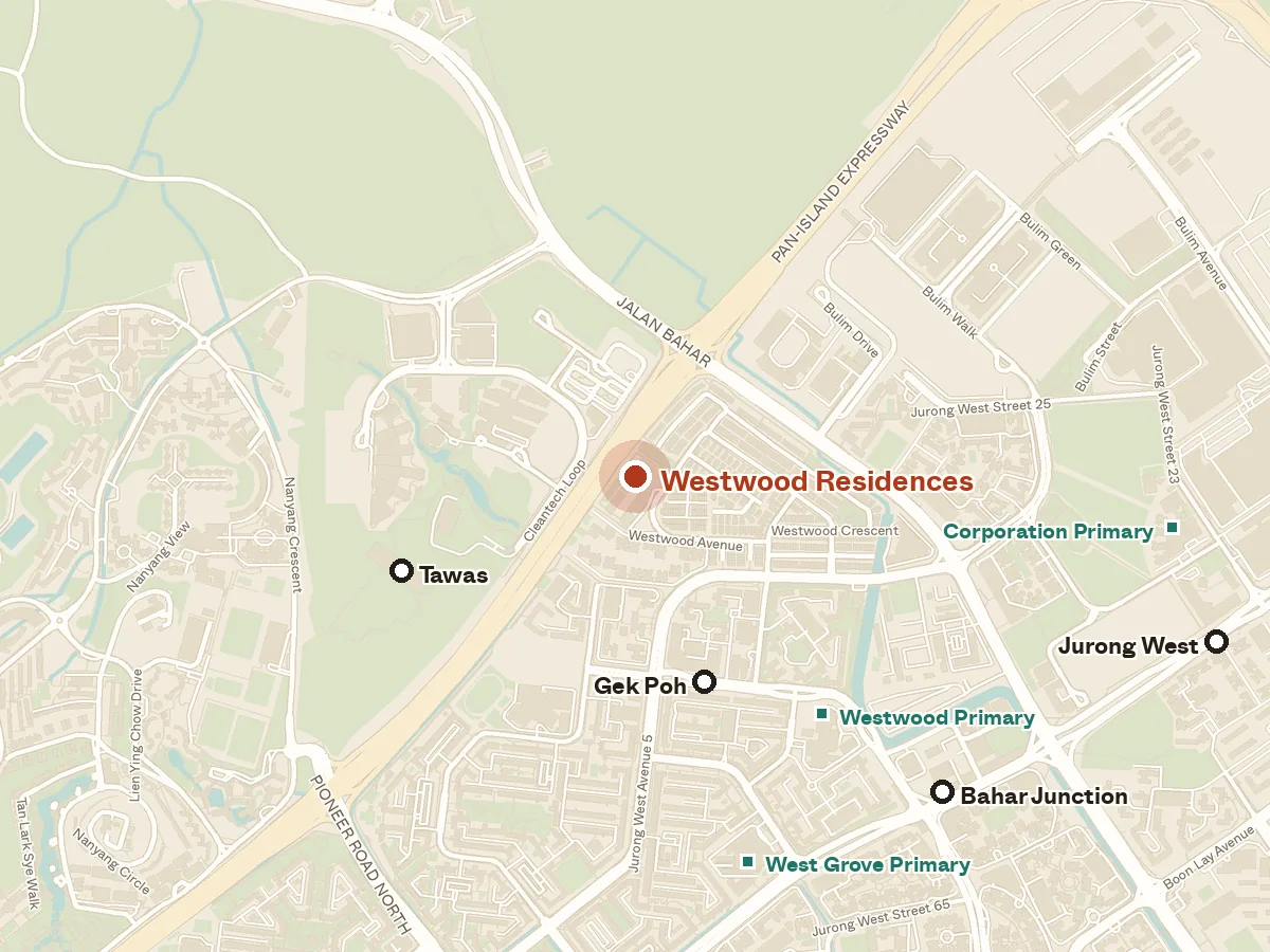 Map of the area around Westwood Residences, with nearby MRT stations and primary schools