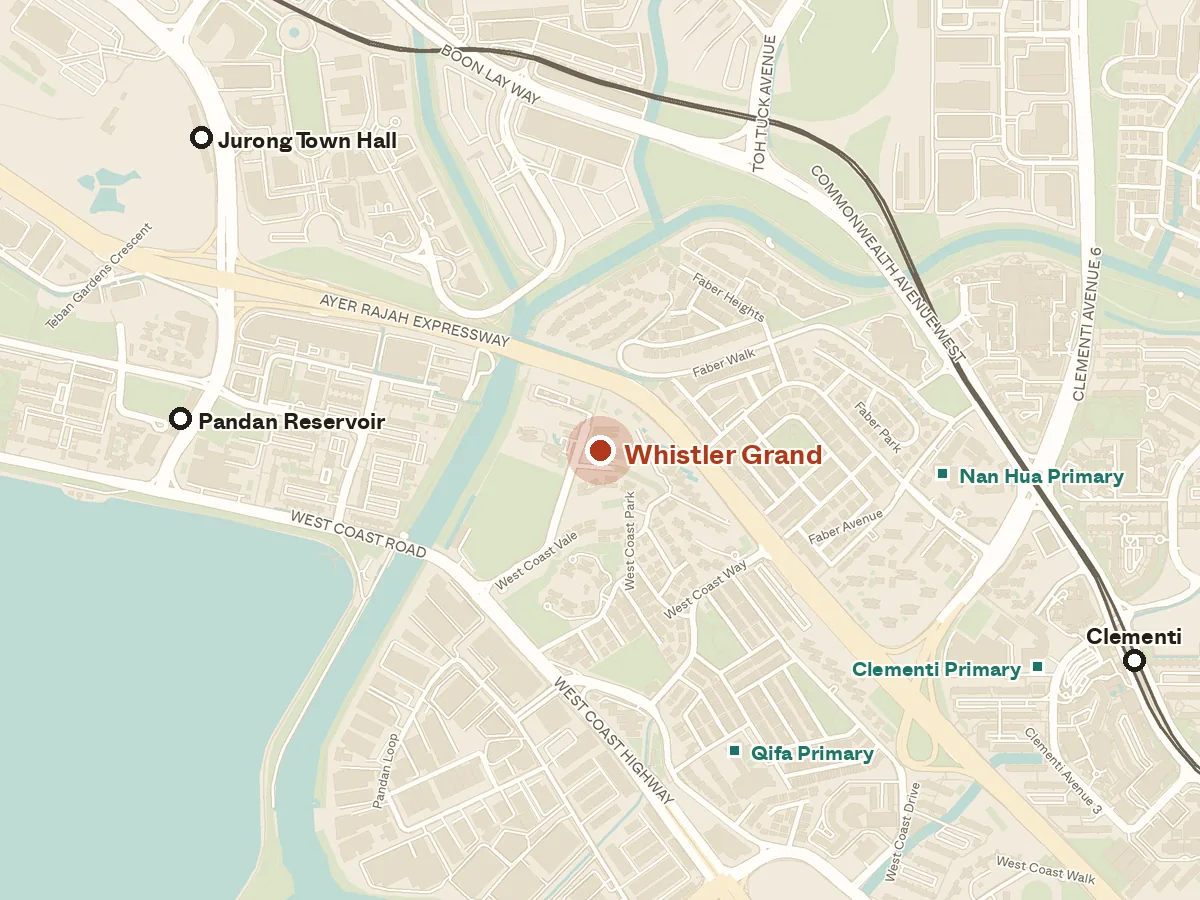 Map of the area around Whistler Grand, with nearby MRT stations and primary schools