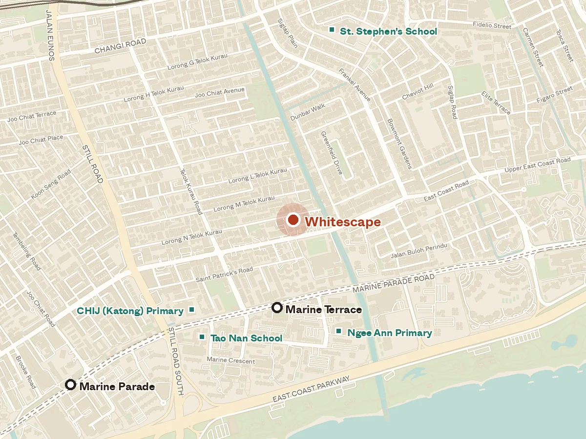 Map of the area around Whitescape, with nearby MRT stations and primary schools