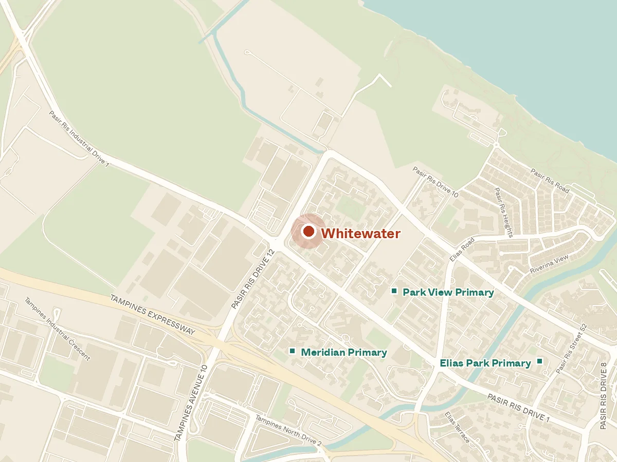 Map of the area around Whitewater, with nearby MRT stations and primary schools