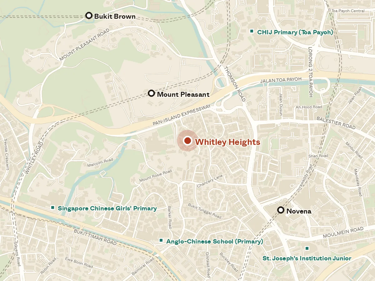 Map of the area around Whitley Heights, with nearby MRT stations and primary schools