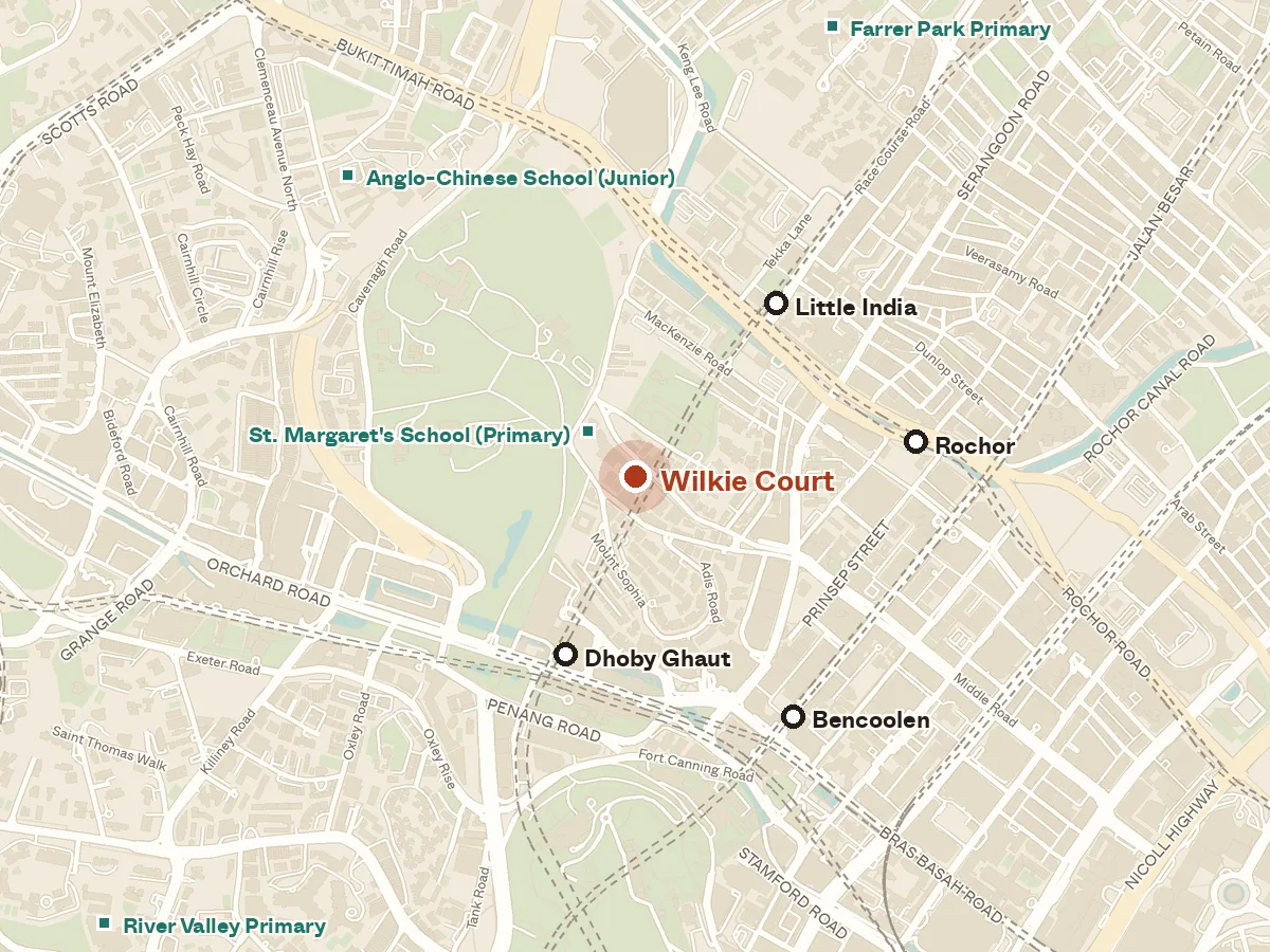 Map of the area around Wilkie Court, with nearby MRT stations and primary schools